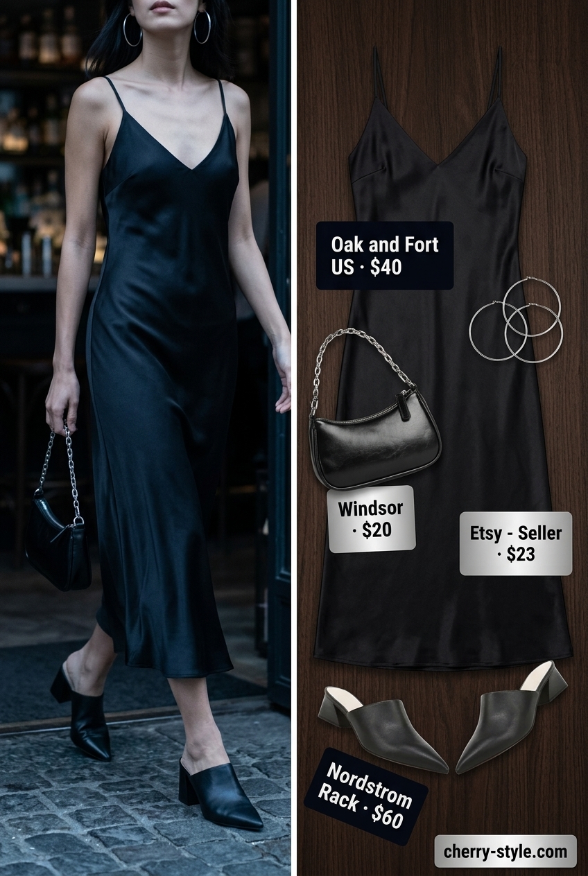 Minimal layer hot summer outfits 2026: Charcoal slip dress, black mules, silver hoops, mini bag.