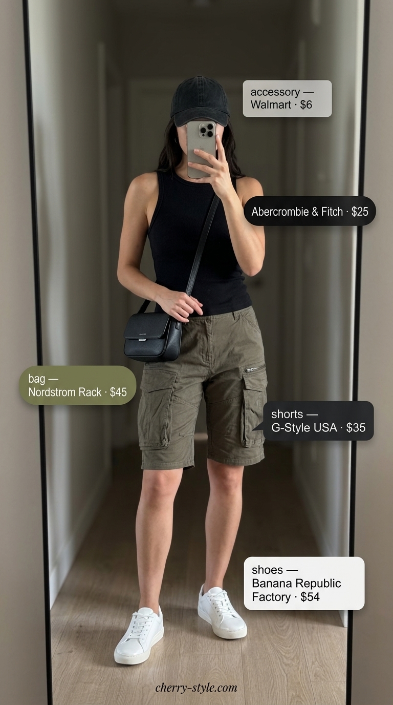 Minimal layer hot summer outfits 2026: Olive cargo shorts with black crop top and white sneakers.