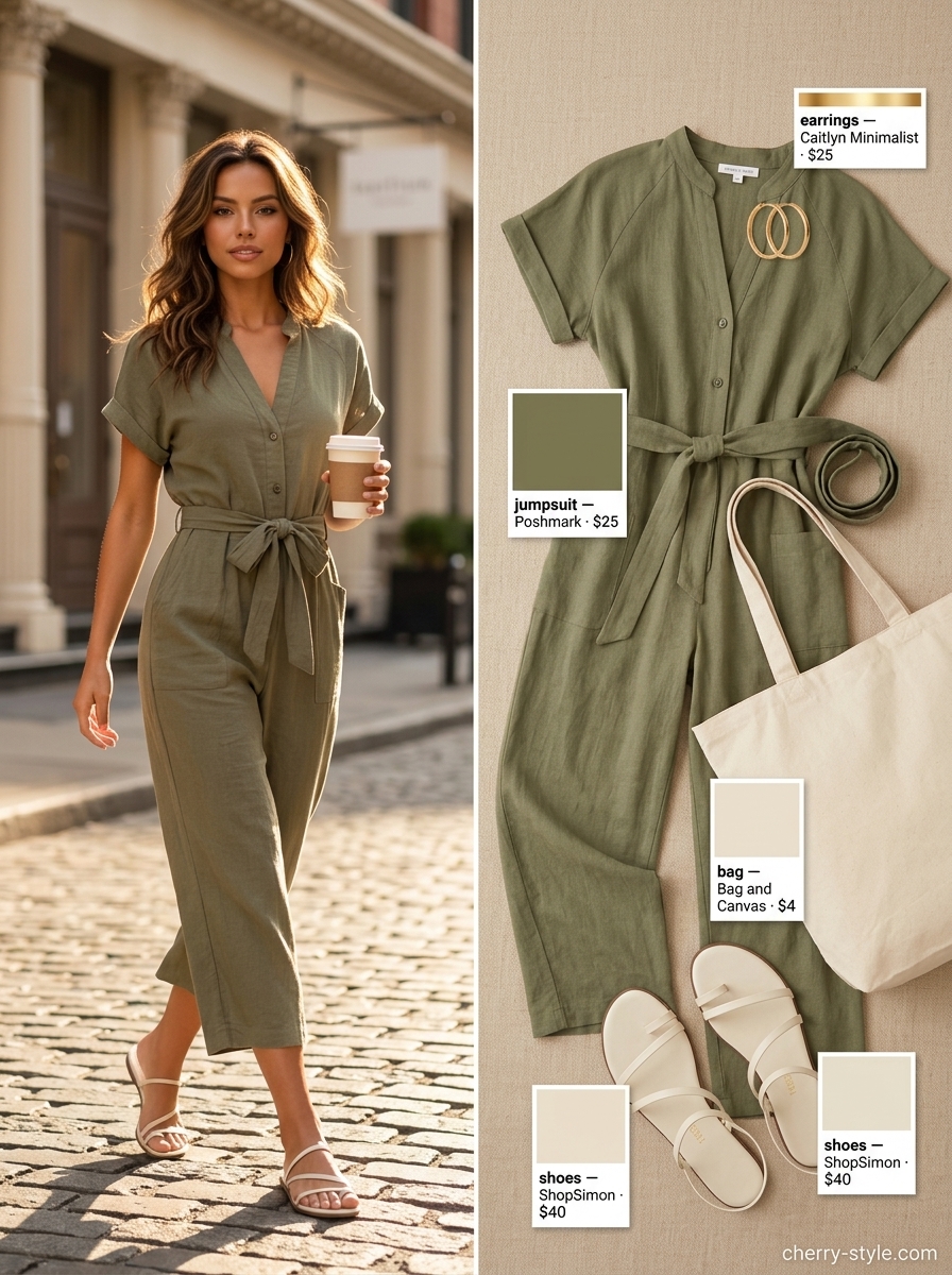 Minimal layer hot summer outfits 2026: Olive green linen jumpsuit with cream sandals and canvas tote.