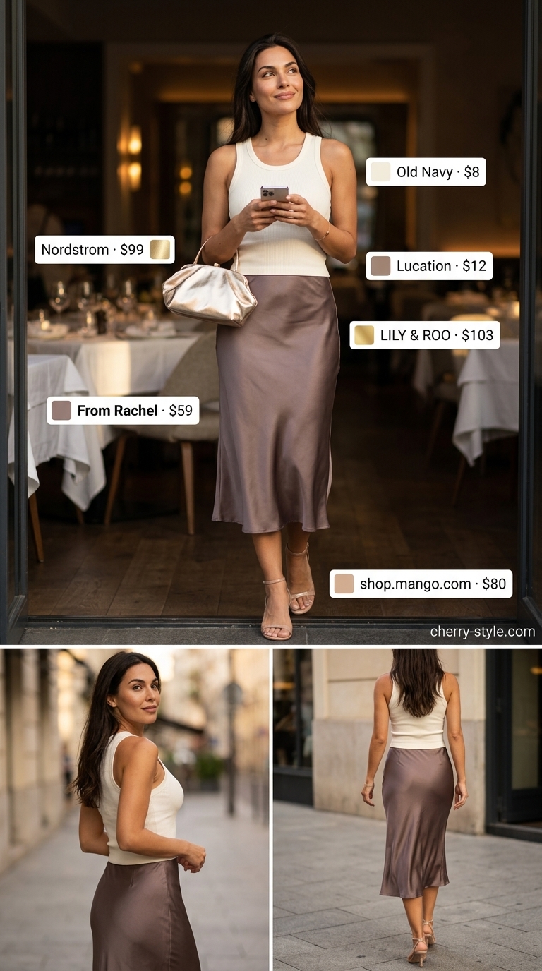 Minimal layer hot summer outfits 2026: Taupe satin midi skirt with cream tank and strappy heels for elegant evening.