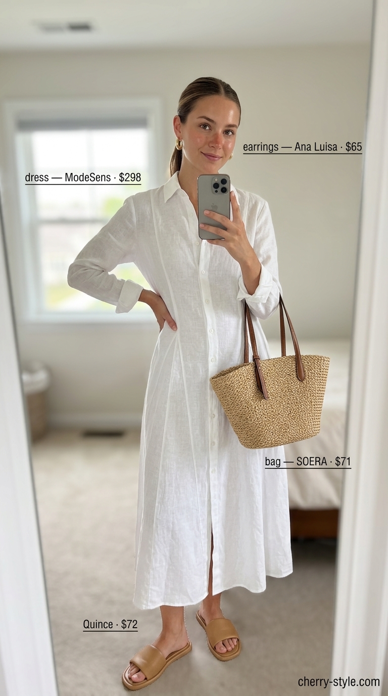 Minimal layer hot summer outfits 2026: White linen shirt dress with tan slides and raffia bag for casual chic.