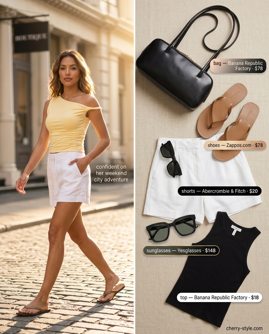 Minimal layer hot summer outfits 2026: White linen shorts, black tank, and sandals for a modern casual look.