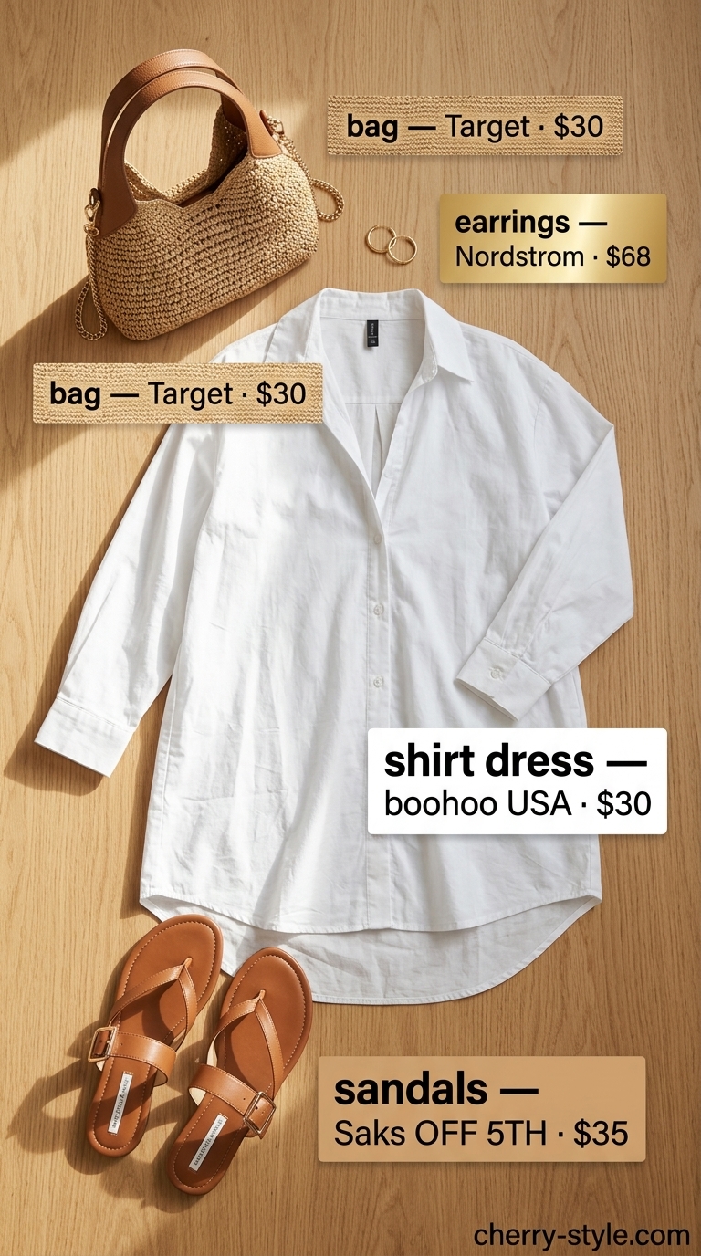 Minimal layer hot summer outfits 2026: White shirt dress, tan sandals, raffia bag, gold hoops.