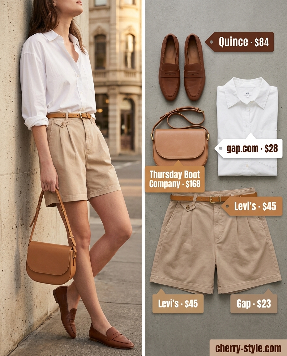 Minimal layer hot summer outfits 2026: White oversized shirt with beige tailored shorts and loafers.