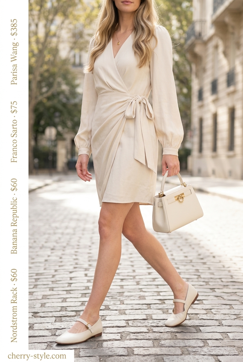 Minimal layer hot summer outfits 2026: Light beige wrap dress with white flats and gold necklace.