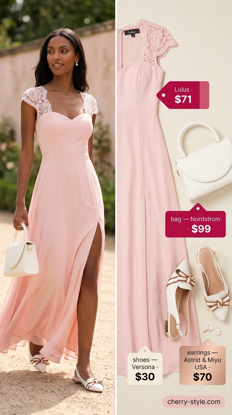 Modest summer maxi outfits for women 2026: Blush pink eyelet lace maxi dress for a romantic afternoon tea garden party.