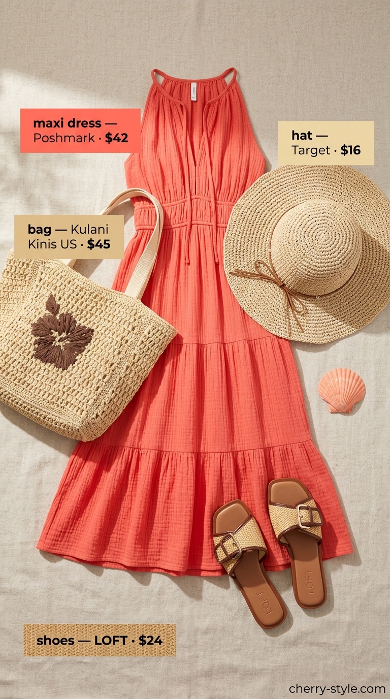 Modest summer maxi outfits for women 2026: Bright coral crinkle gauze maxi dress for a vibrant beachside vacation.