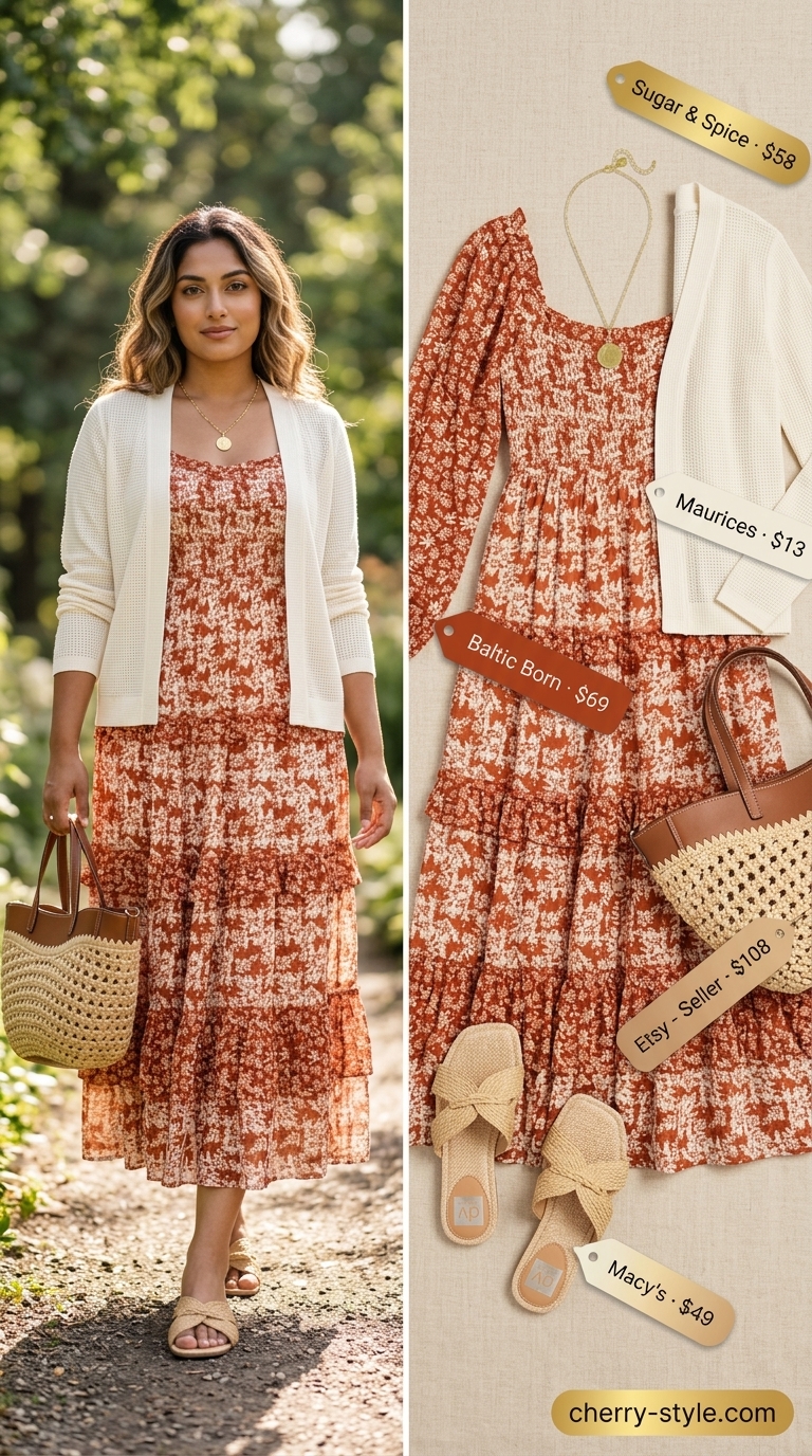 Modest summer maxi outfits for women 2026: Rust floral print maxi dress for a boho garden gathering.