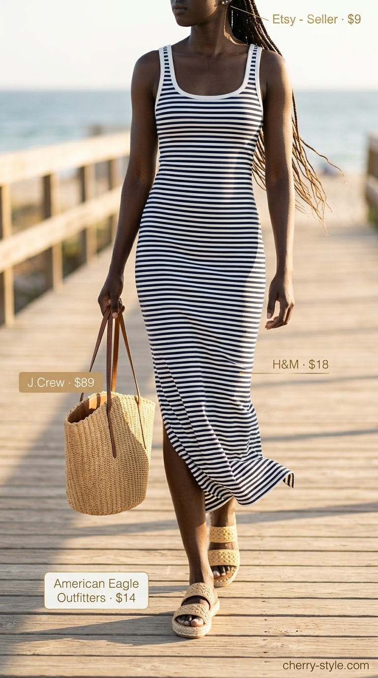 Modest summer maxi outfits for women 2026: Navy and white striped maxi dress for coastal serenity and boardwalk strolls.