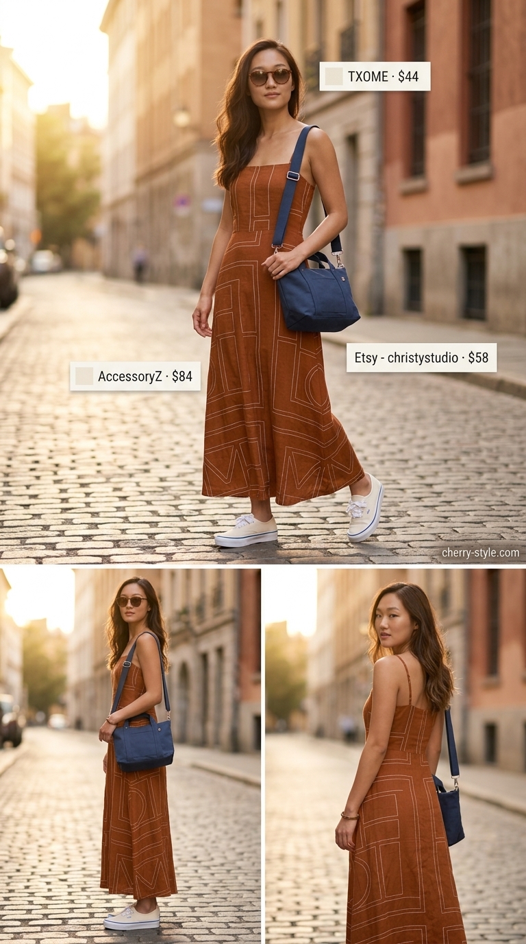 Modest summer maxi outfits for women 2026: Terracotta abstract print maxi dress for an artsy museum day out.