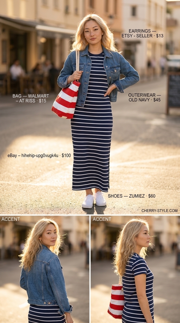 Modest summer maxi outfits for women 2026: Navy and white striped t-shirt maxi dress for a nautical weekend getaway.