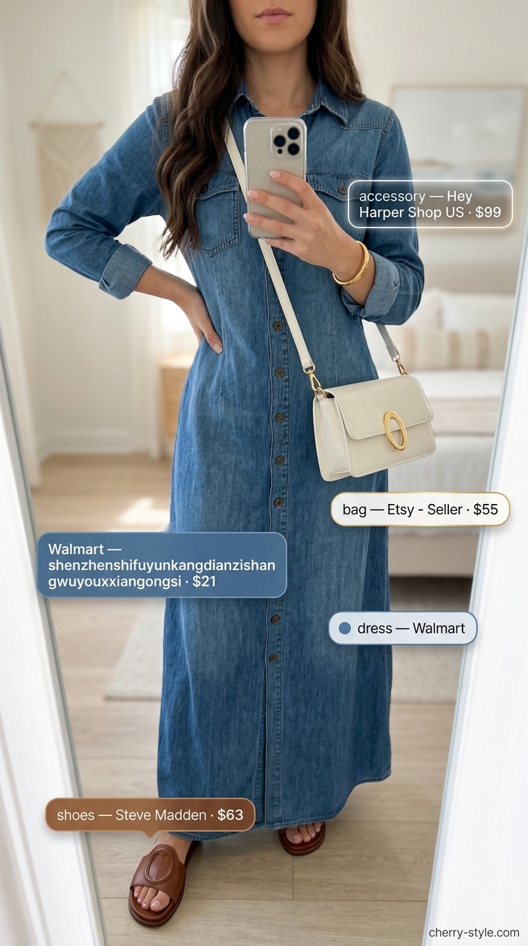 Modest summer maxi outfits for women 2026: Light blue chambray shirt dress for a relaxed Riviera weekend.
