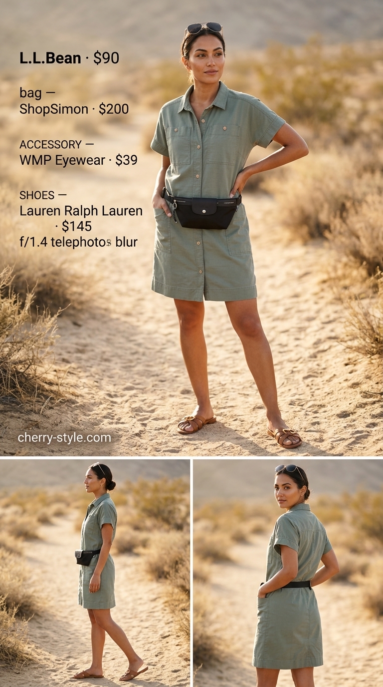 Modest summer maxi outfits for women 2026: Khaki green utility maxi dress for a safari day trip or casual travel.