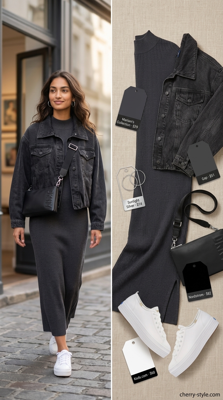 Modest summer maxi outfits for women 2026: Charcoal grey ribbed knit maxi dress for an urban minimalist day out.
