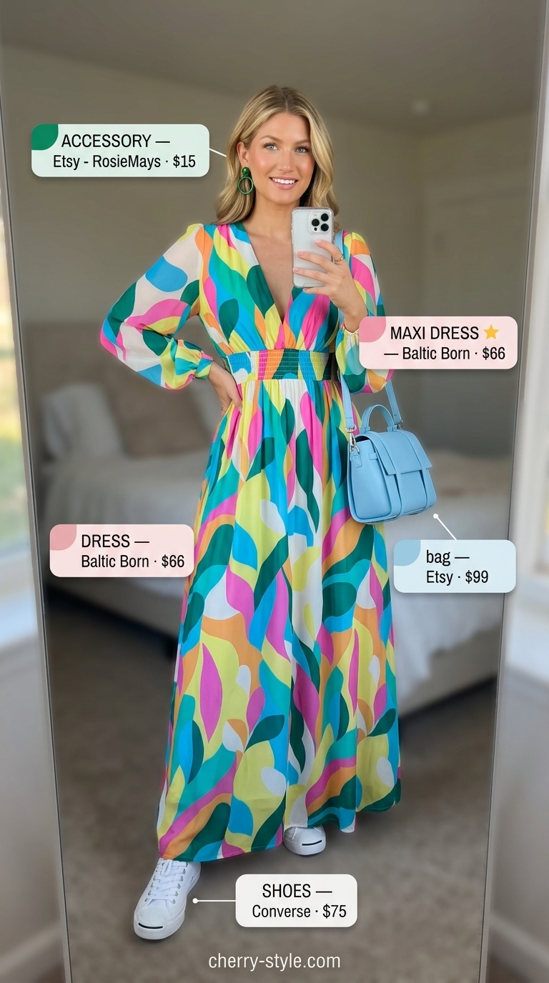 Modest abstract print maxi dress in multicolor with white sneakers for an artistic flair outfit 2026.