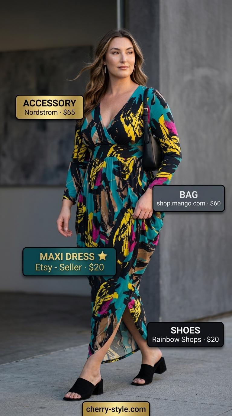 Modest abstract print maxi dress in teal, yellow, and black for an art gallery outfit 2026.