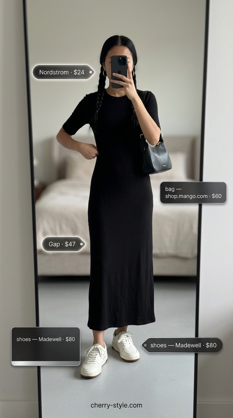 Modest black Tencel maxi dress with white sneakers for a chic city explorer outfit 2026.