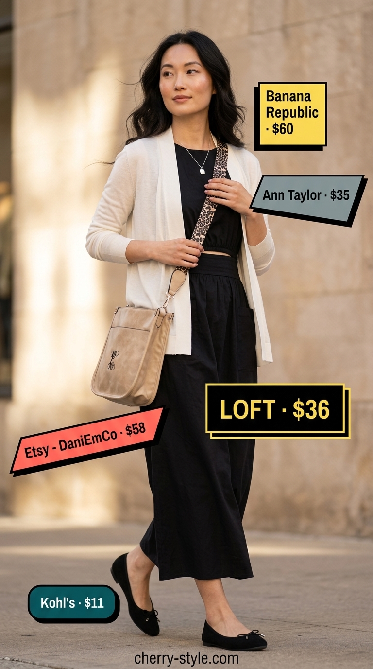 Modest summer maxi outfit: Black jersey dress, leopard bag, white cardigan. Perfect for errands.