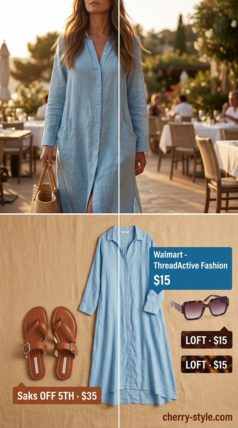 Modest summer maxi outfit: Sky blue linen shirt dress, straw tote, tan slides. Chic for resorts.