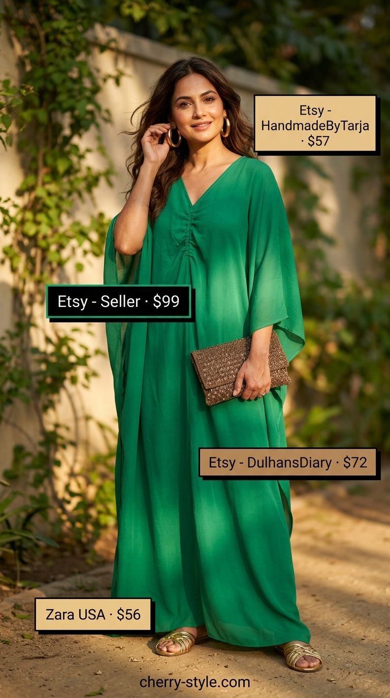 Modest emerald green caftan maxi dress with gold statement earrings for a glamorous resort dinner outfit 2026.