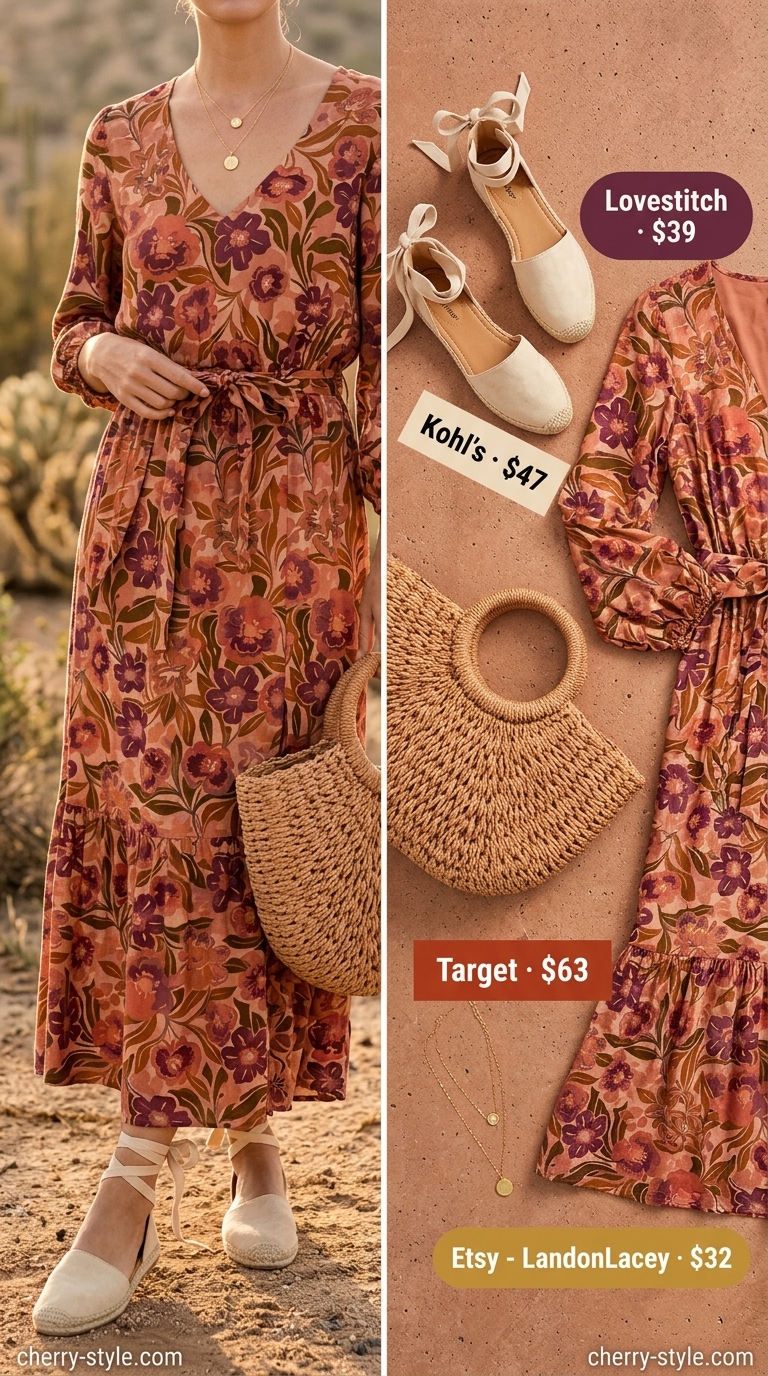 Modest summer maxi outfit: Terracotta floral dress, espadrilles, straw tote. Bohemian vibe.