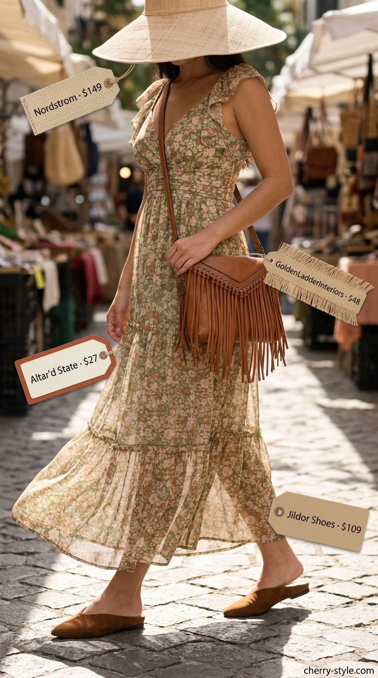 Modest summer maxi outfit: Floral print dress, straw hat, suede mules. Bohemian garden style.