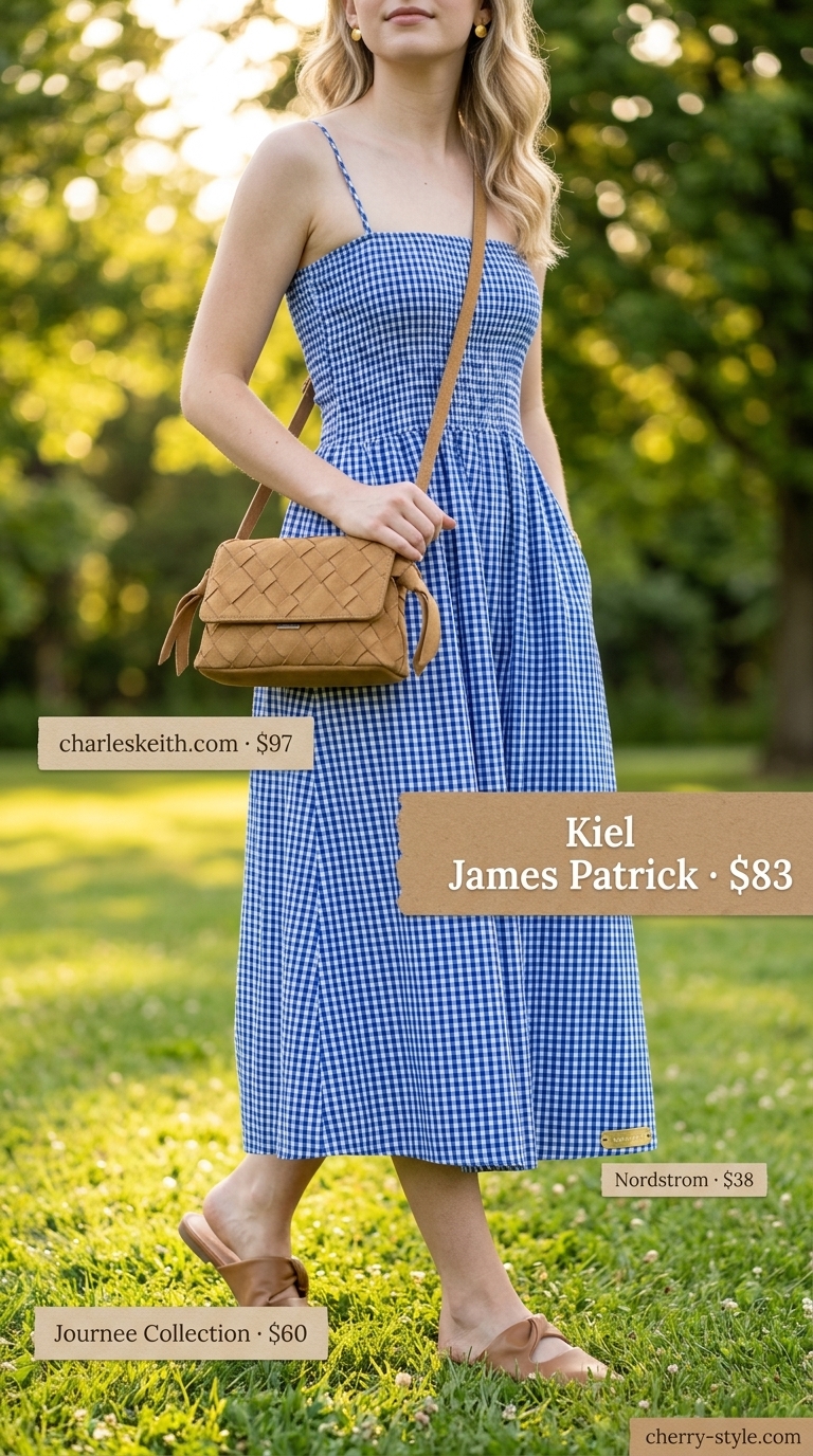 Modest light blue gingham maxi dress with puff sleeves for a charming picnic outfit 2026.