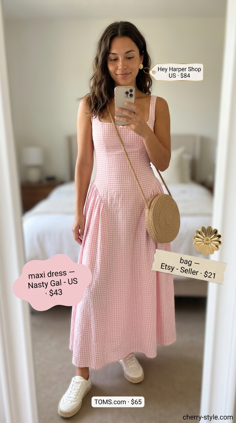 Modest summer maxi outfit: Pink gingham dress, espadrille sneakers, straw bag. Sweet for picnics.