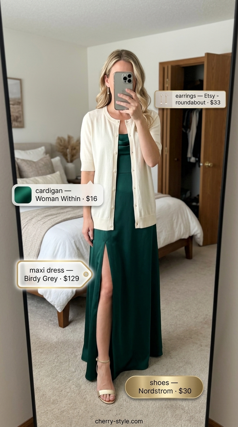 Modest summer maxi outfit: Emerald green satin dress, gold heels, knit cardigan. Glamorous evening.