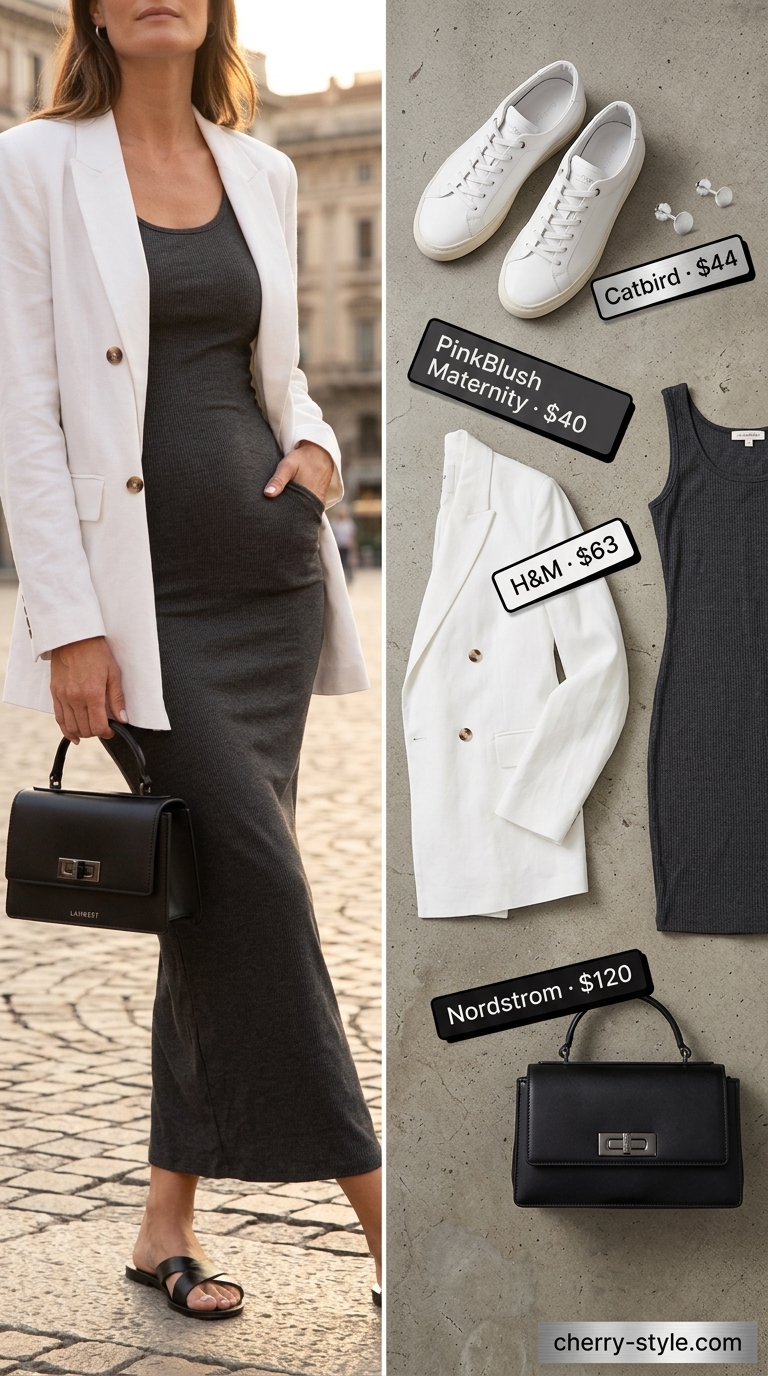 Modest summer maxi outfit: Charcoal grey knit dress, white blazer, sneakers. Urban chic style.
