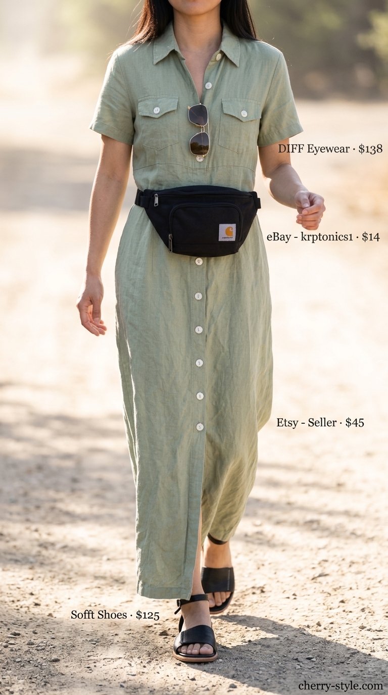 Modest khaki utility maxi dress with leather sandals for a safari chic explorer outfit 2026.