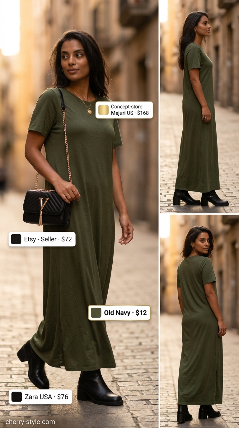 Modest olive green long-sleeve maxi dress with black ankle boots for a refined evening outfit 2026.