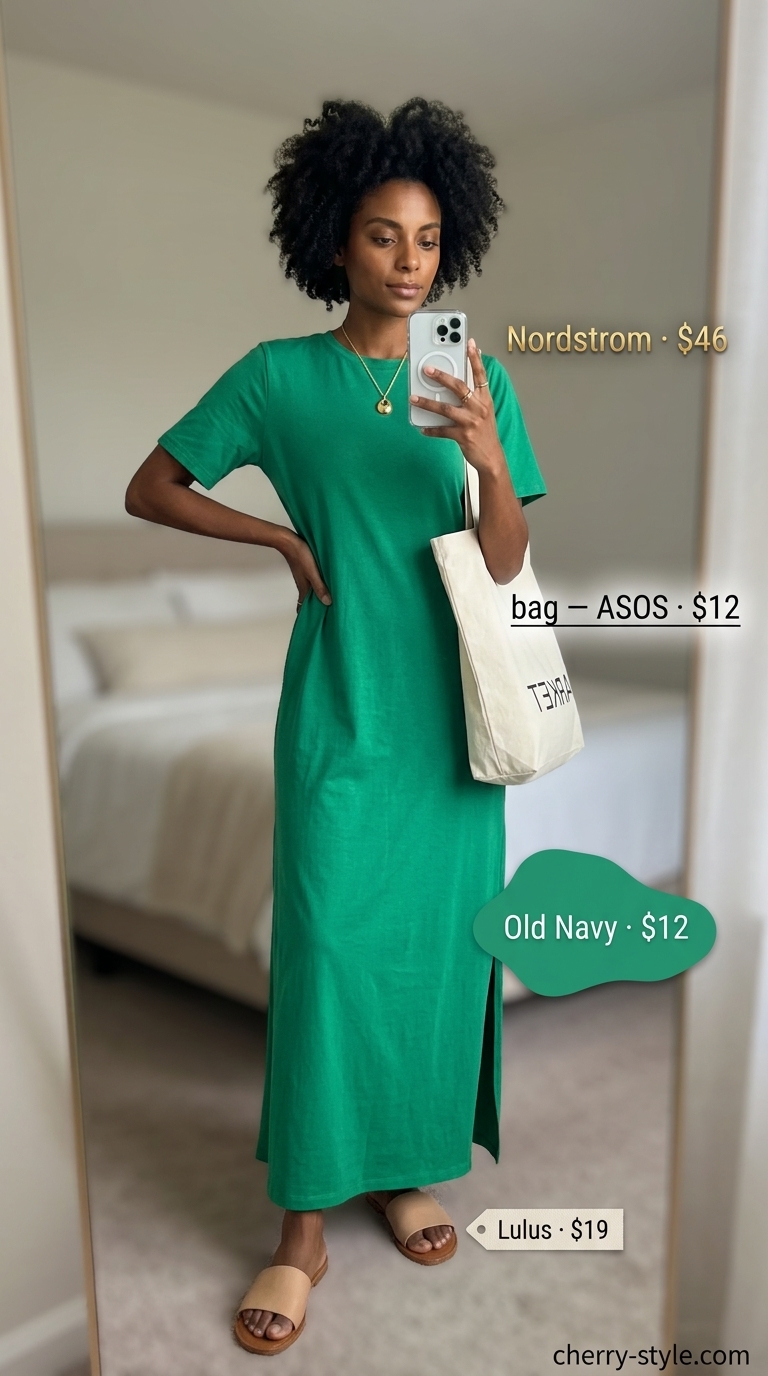 Modest olive green jersey maxi dress with beige sandals for an effortless everyday outfit 2026.