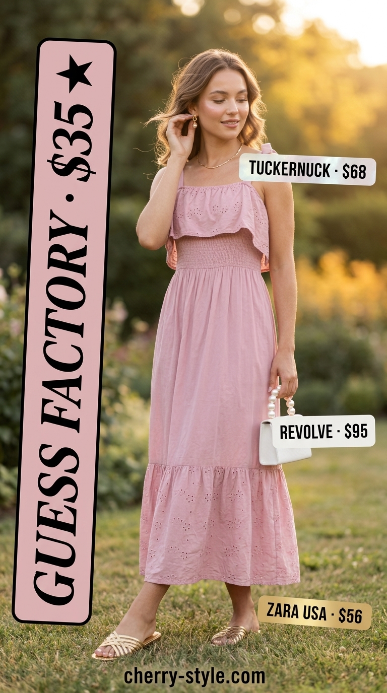 Modest summer maxi outfit: Soft pink eyelet dress, gold sandals, mini top-handle bag. Romantic.