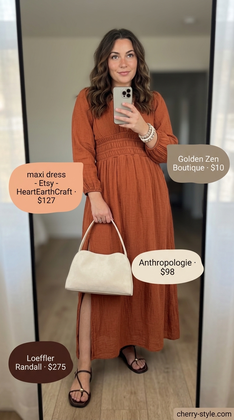 Modest rust orange crinkle cotton maxi dress with dark brown sandals for a desert sunset outfit 2026.