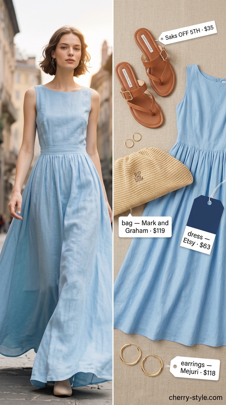 Modest sky blue linen blend maxi dress with natural tan sandals for a seaside lunch outfit 2026.