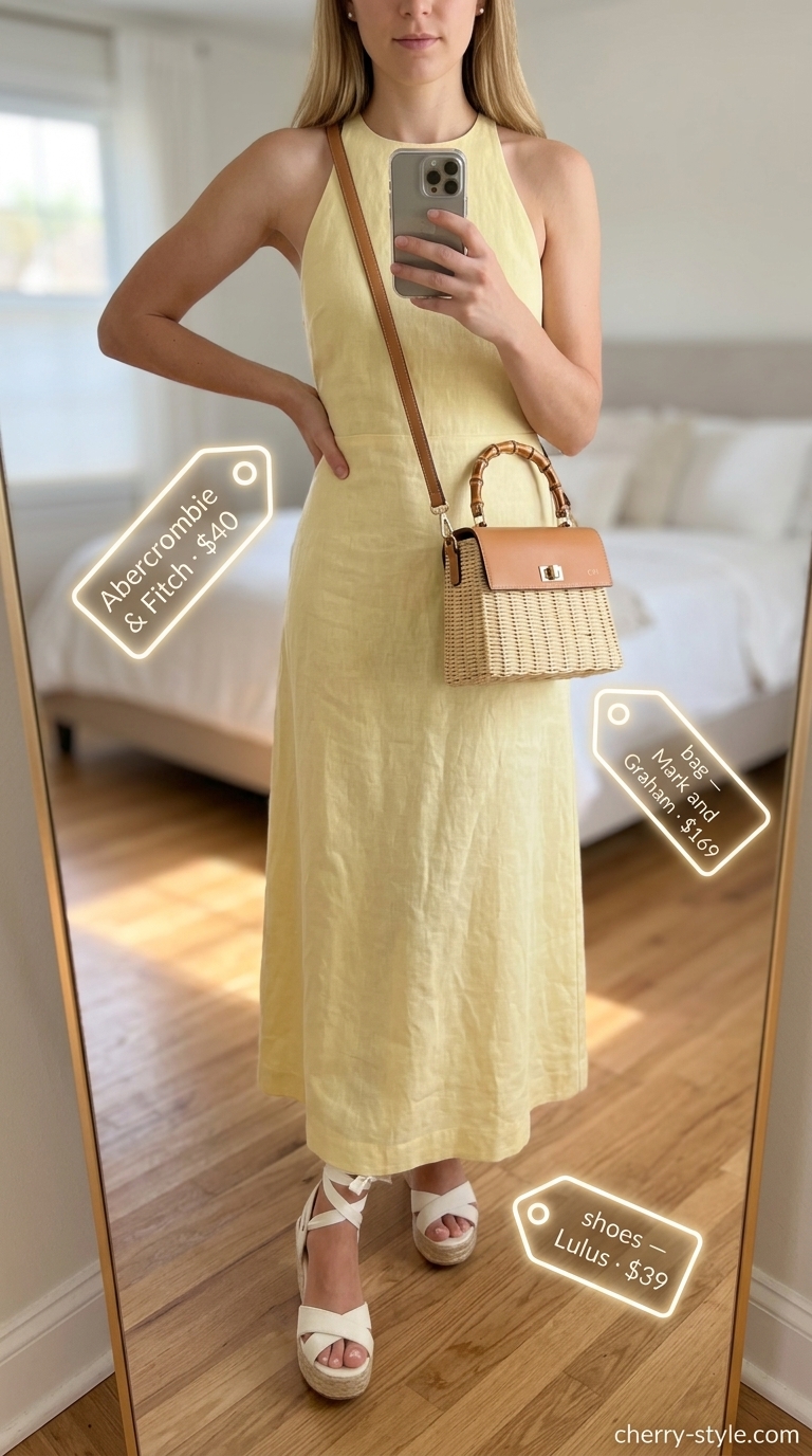 Modest summer maxi outfit: Bright yellow linen dress, espadrilles, woven bag. Ideal for getaways.