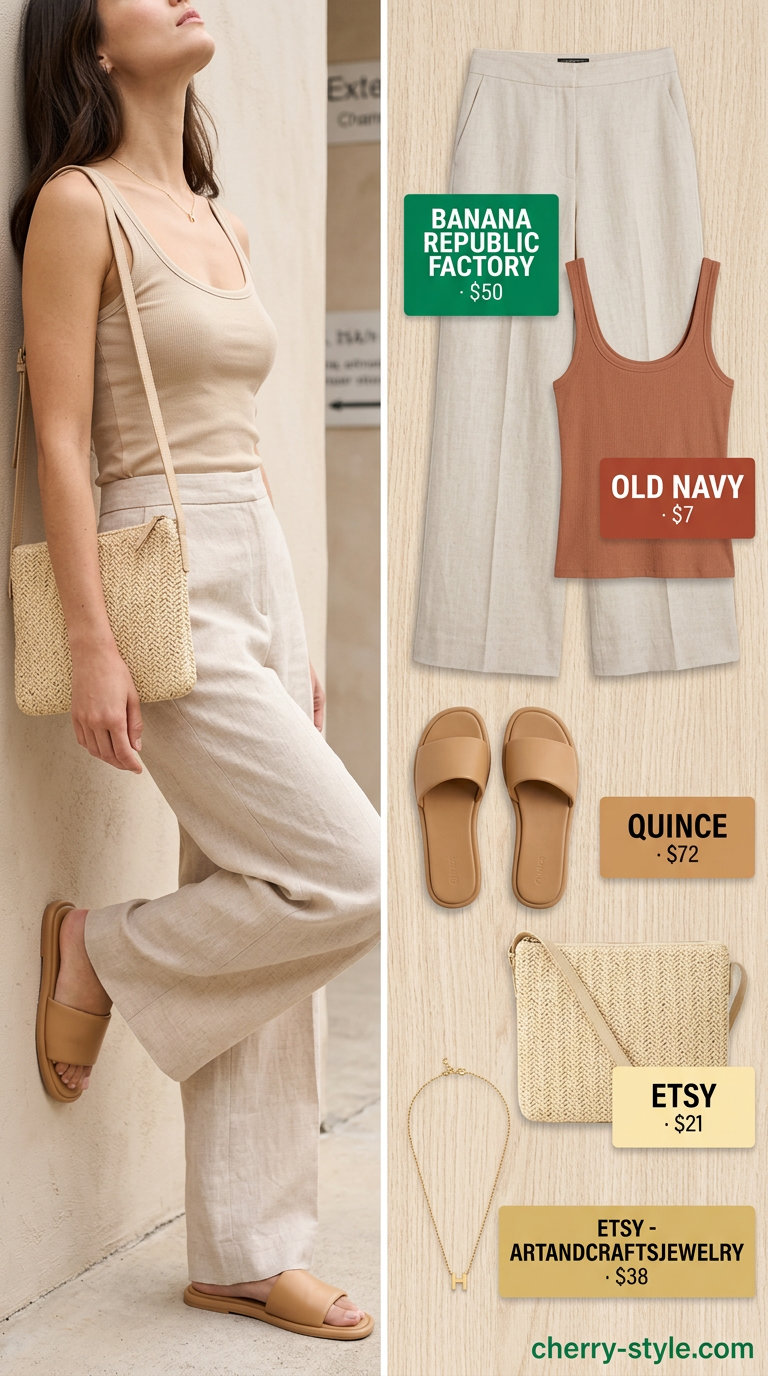 Monochrome minimalist summer outfit 2026: Beige linen pants, cream ribbed tank, gold necklace, straw bag, tan leather slides.