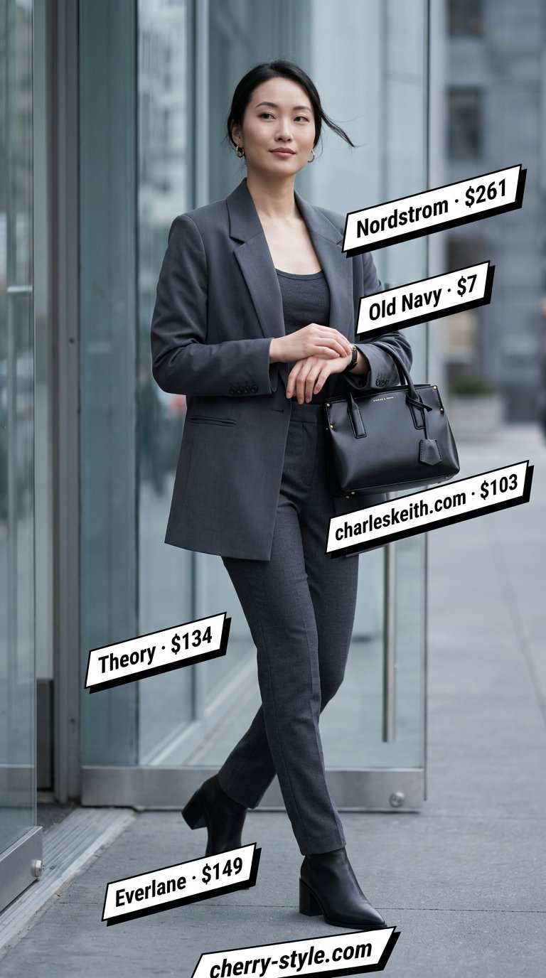 Monochrome minimalist summer outfit 2026: Grey oversized blazer, charcoal trousers, grey tank, black boots.