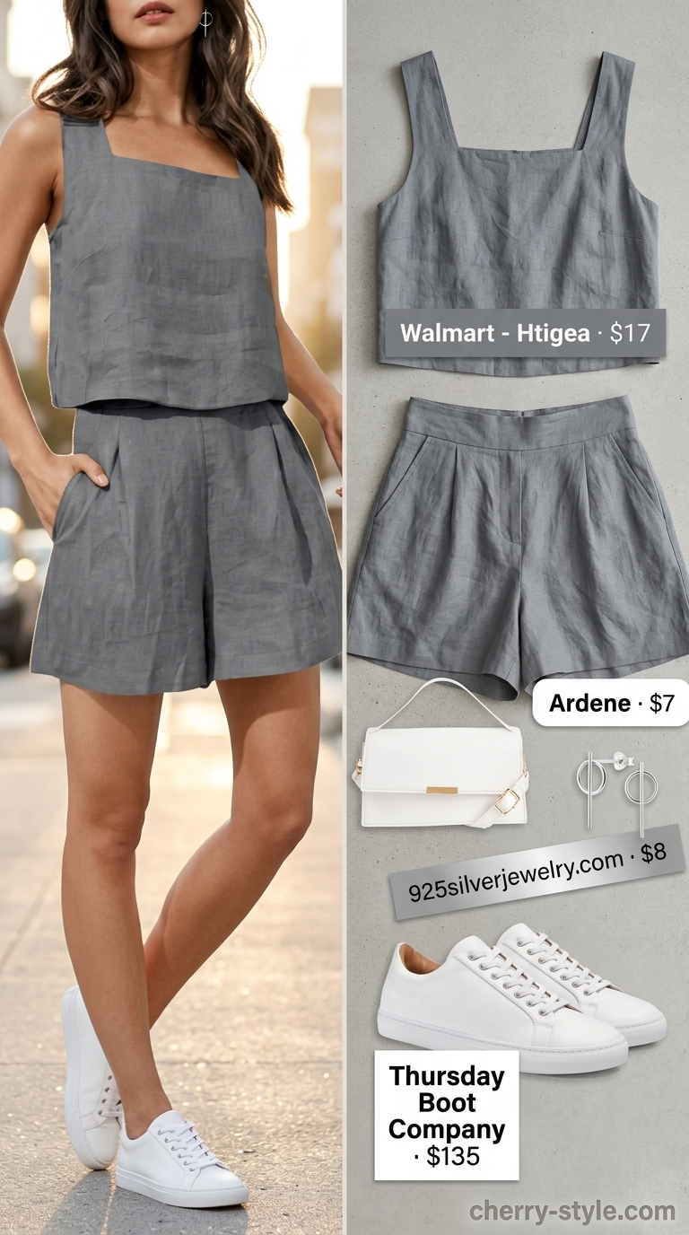 Monochrome minimalist summer outfit 2026: Dove grey shorts set, white sneakers, silver earrings, white bag.