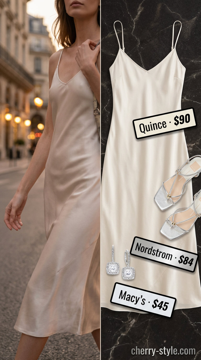 Monochrome minimalist summer outfit 2026: Ivory slip dress, silver earrings, strappy heels, white clutch.