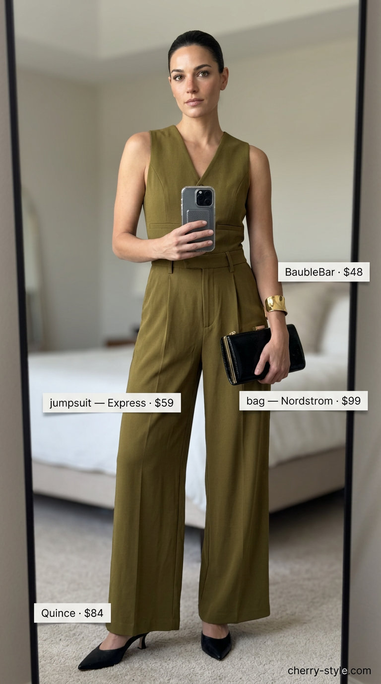 Monochrome minimalist summer outfit 2026: Olive green wide-leg jumpsuit with black heels and gold accents for evening.