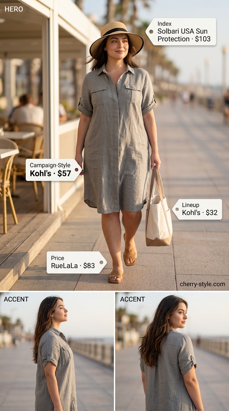 Monochrome minimalist summer outfit 2026: Stone grey linen shirt dress, beige slides, and canvas tote for relaxed wear.