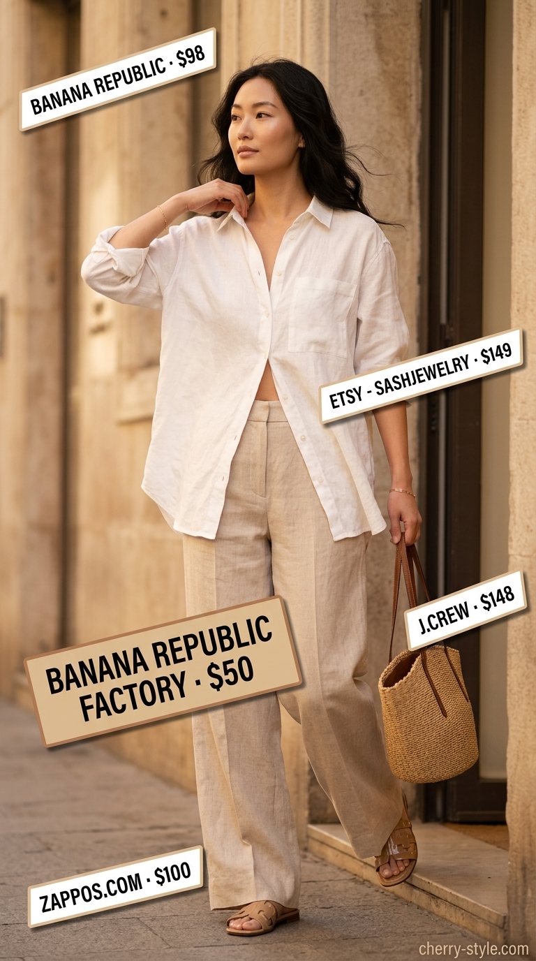 Monochrome minimalist summer outfit 2026: Cream linen pants, ivory shirt, and beige slides for relaxed brunch.