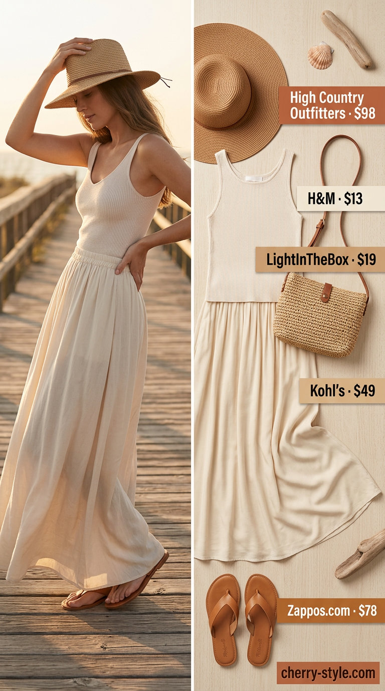 Monochrome minimalist summer outfit 2026: Beige maxi skirt, cream tank, and straw accessories for a relaxed day out.