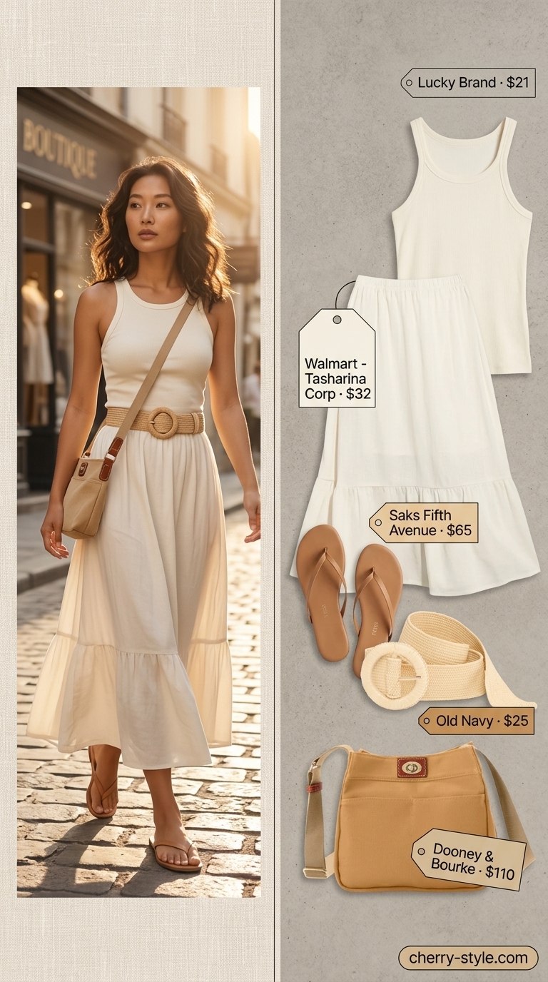 Monochrome minimalist summer outfit 2026: Beige midi skirt, ivory tank, and canvas bag for a relaxed shopping trip.