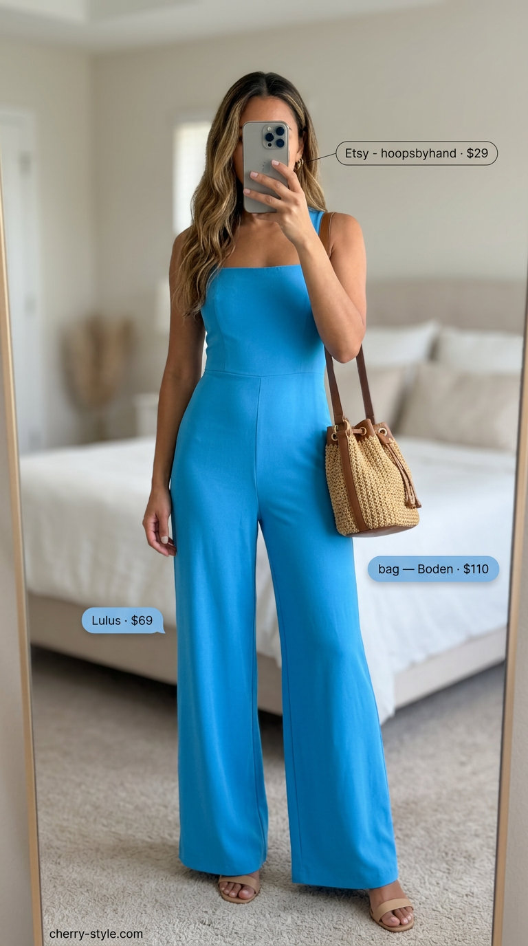 Monochrome minimalist summer outfit 2026: Navy wide-leg jumpsuit, gold hoops, straw bag, wedge espadrilles.