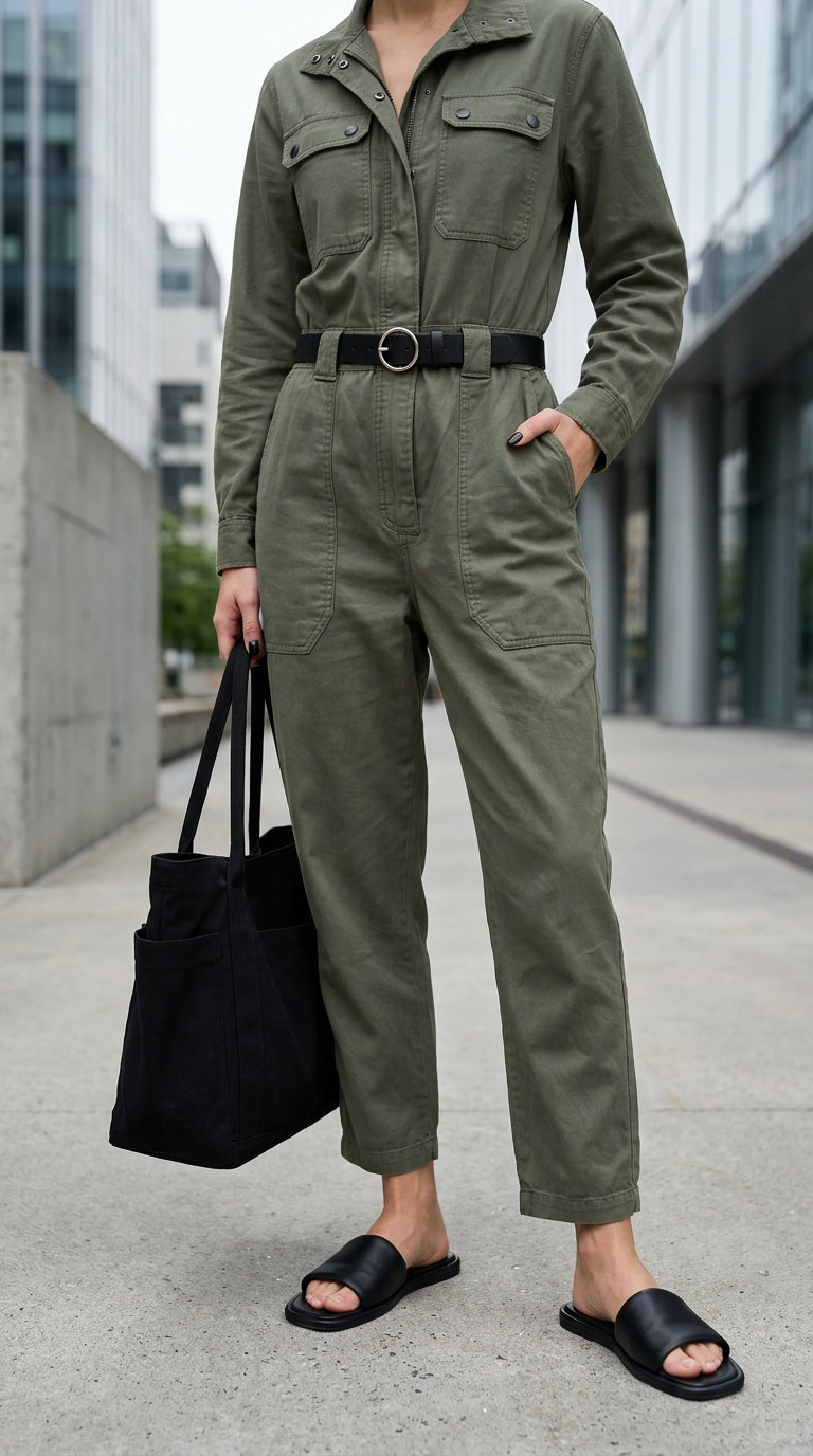 Monochrome minimalist summer outfits for women 2026: Olive utility jumpsuit, black slides & tote for a cool casual look.