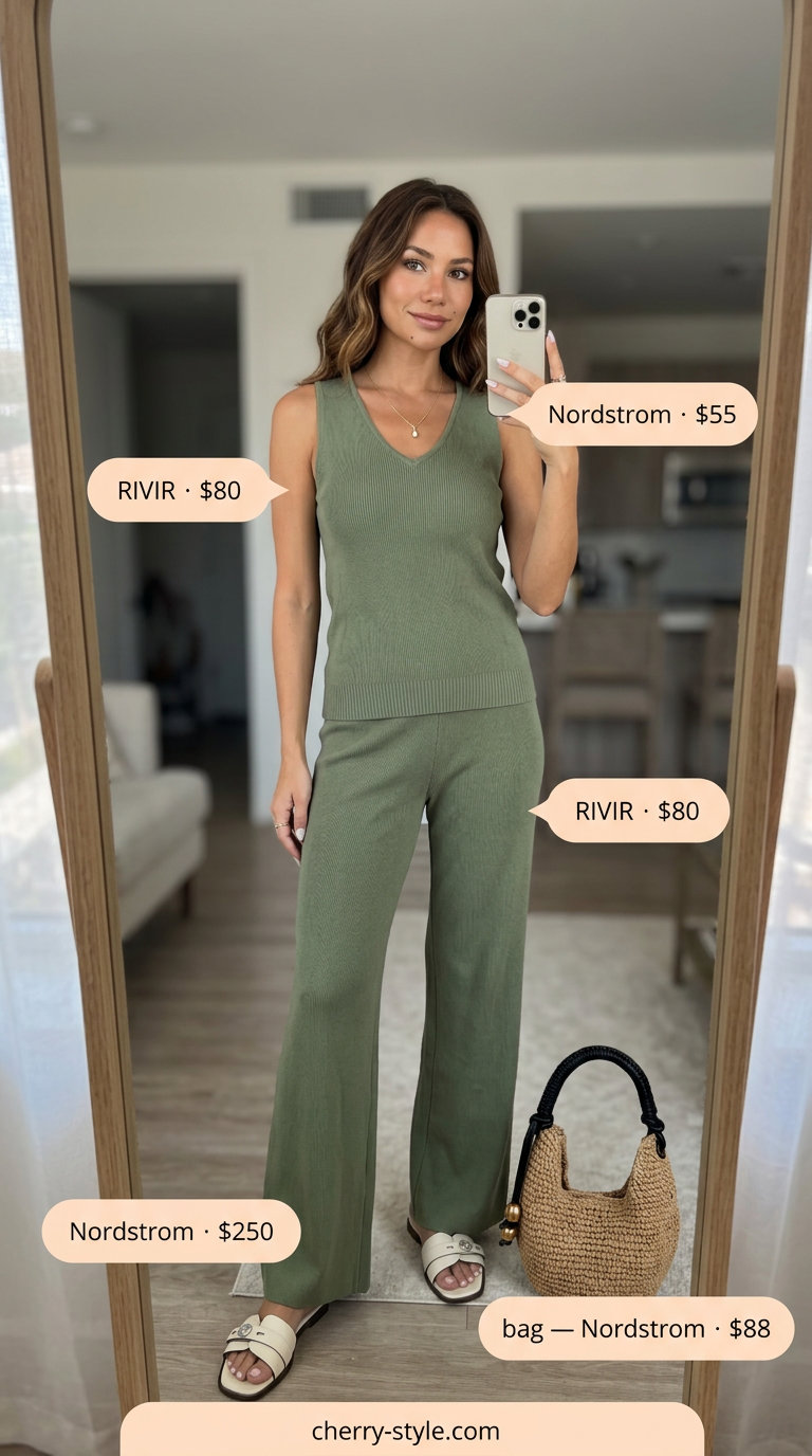 Monochrome minimalist summer outfits for women 2026: Olive knit set, cream sandals & straw bag for chic casual.