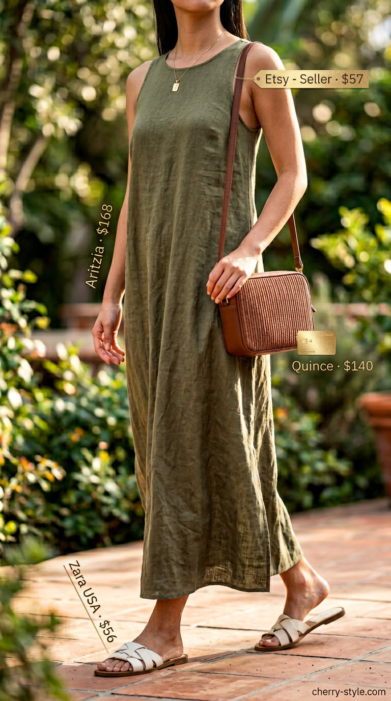 Monochrome minimalist summer outfit 2026: Muted olive green maxi dress, gold necklace, white leather sandals, straw crossbody bag.